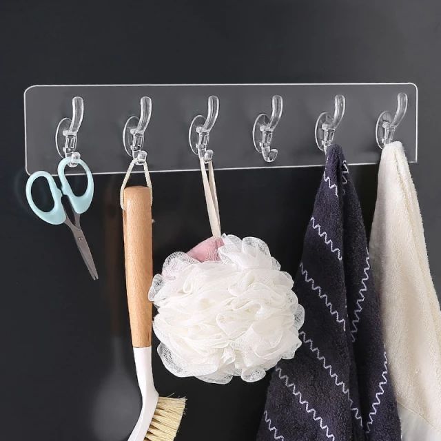 | PACK OF 3 | Transparent 6 Hooks Self-Adhesive Heavy-Duty Wall Clothes Hanger