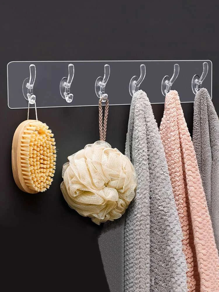 | PACK OF 3 | Transparent 6 Hooks Self-Adhesive Heavy-Duty Wall Clothes Hanger